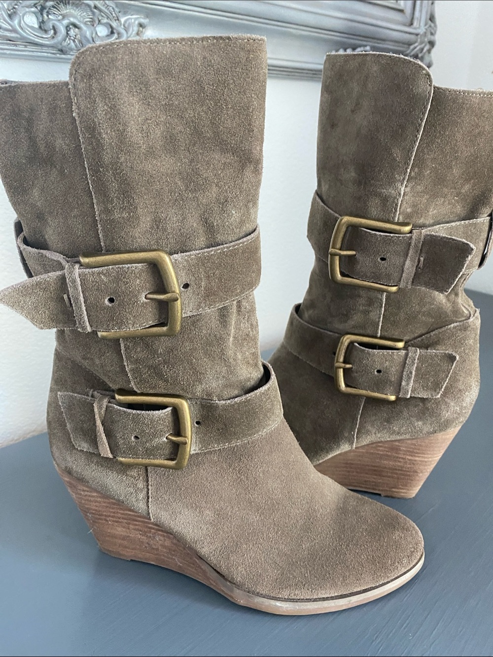 Very Volatile Taupe Suede Wedge Booties with Buckle Straps
